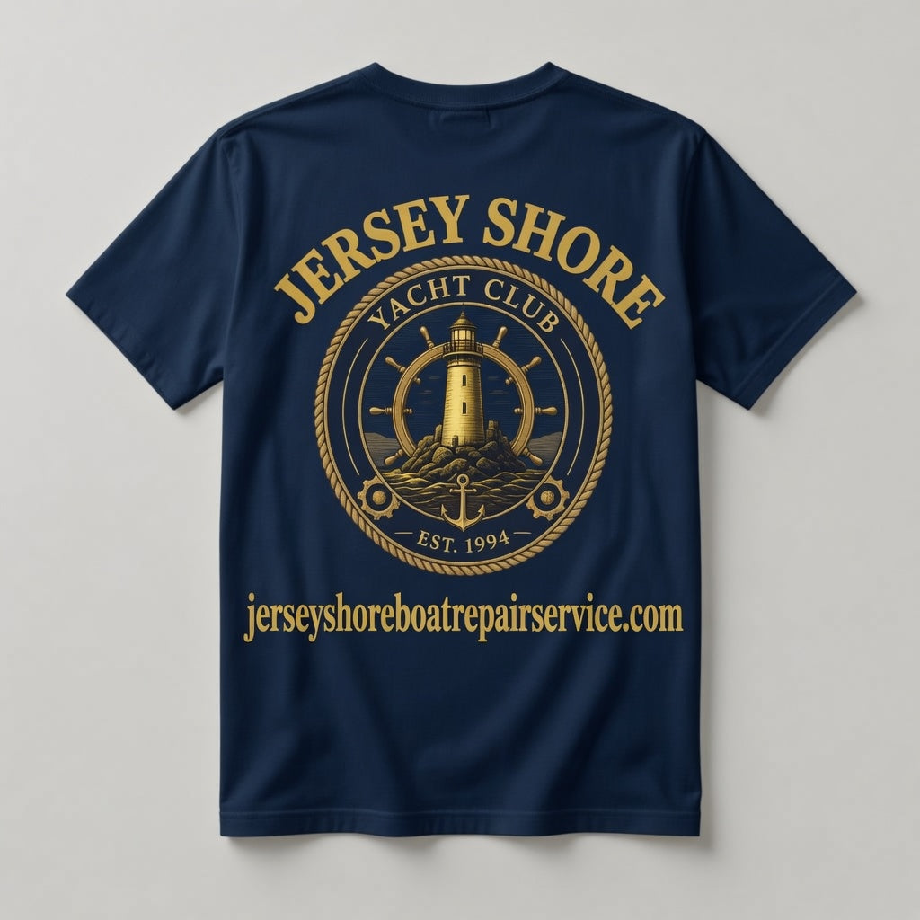 Jersey Shore Yacht Club navy t-shirt back with full gold JERSEY SHORE lighthouse ship's wheel graphic and jerseyshoreboatrepairservice.com