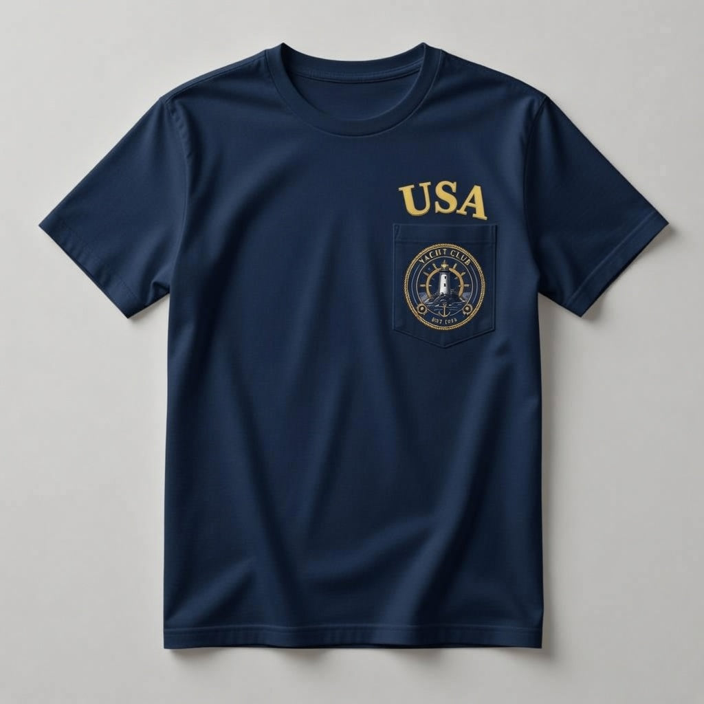 USA Yacht Club navy pocket t-shirt front with bold gold USA lettering above chest pocket crest logo