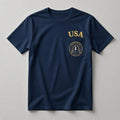 USA Yacht Club navy pocket t-shirt front with bold gold USA lettering above chest pocket crest logo