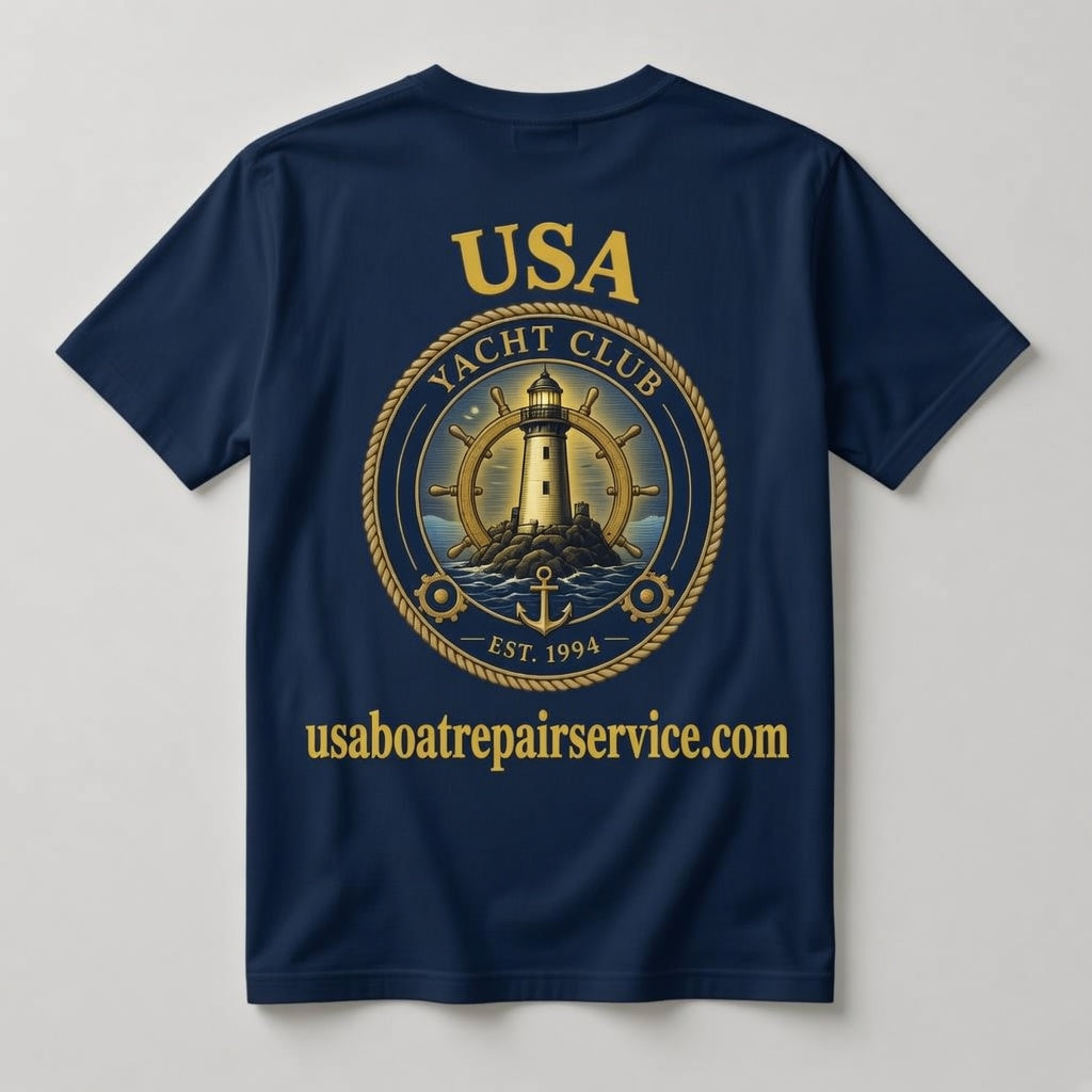 USA Yacht Club navy t-shirt back with full gold USA lighthouse ship's wheel graphic and usaboatrepairservice.com