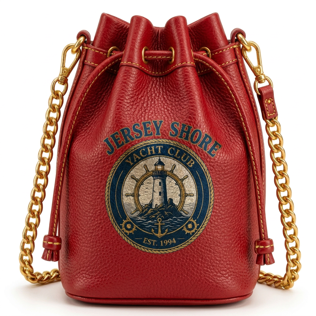Jersey Shore Yacht Club Gold Bucket Bag — Red