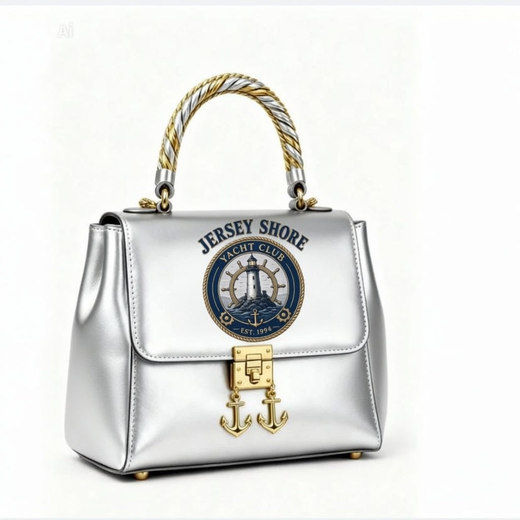 Jersey Shore Yacht Club silver metallic structured handbag with gold anchor charm lock and rope handle