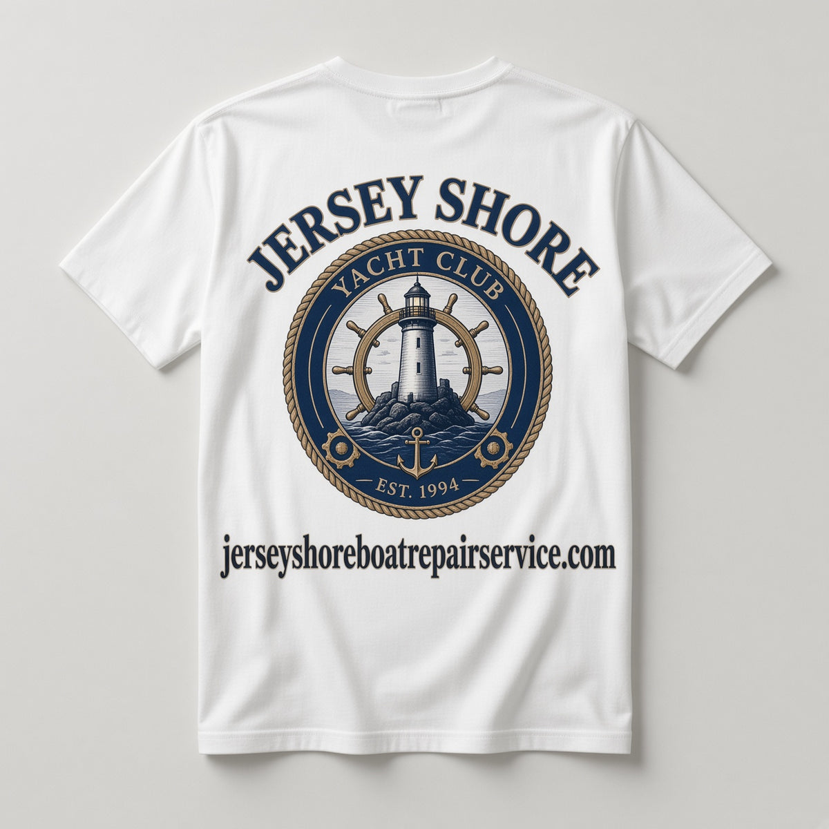Jersey Shore Yacht Club Est. 1994 T-Shirt back graphic with jerseyshoreboatrepairservice.com