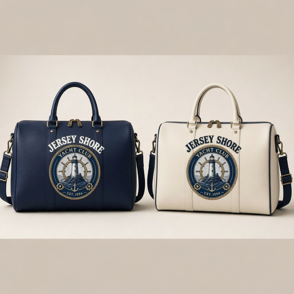 Jersey Shore Yacht Club duffle bag in navy blue and cream white