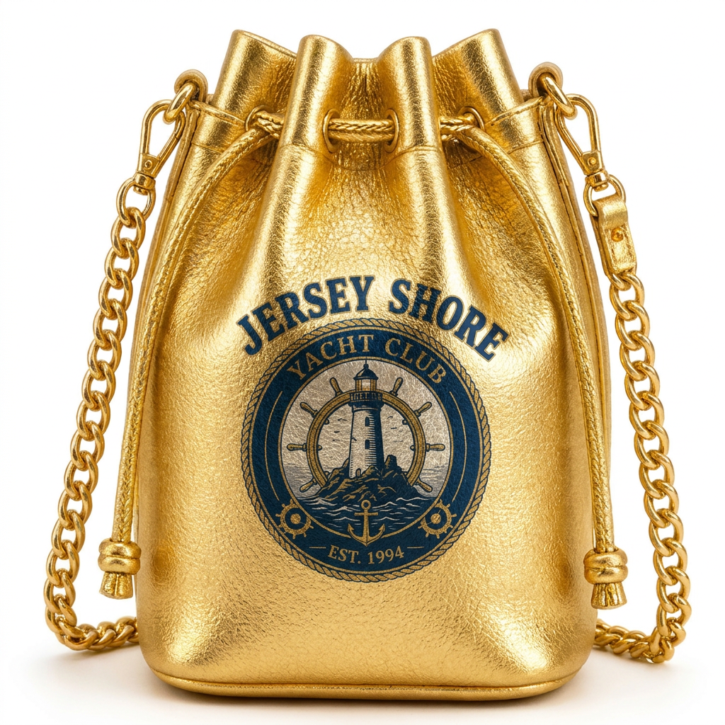 Jersey Shore Yacht Club gold metallic bucket bag with chain strap
