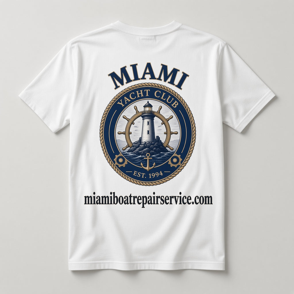 Miami Yacht Club Est. 1994 T-Shirt back graphic with miamiboatrepairservice.com
