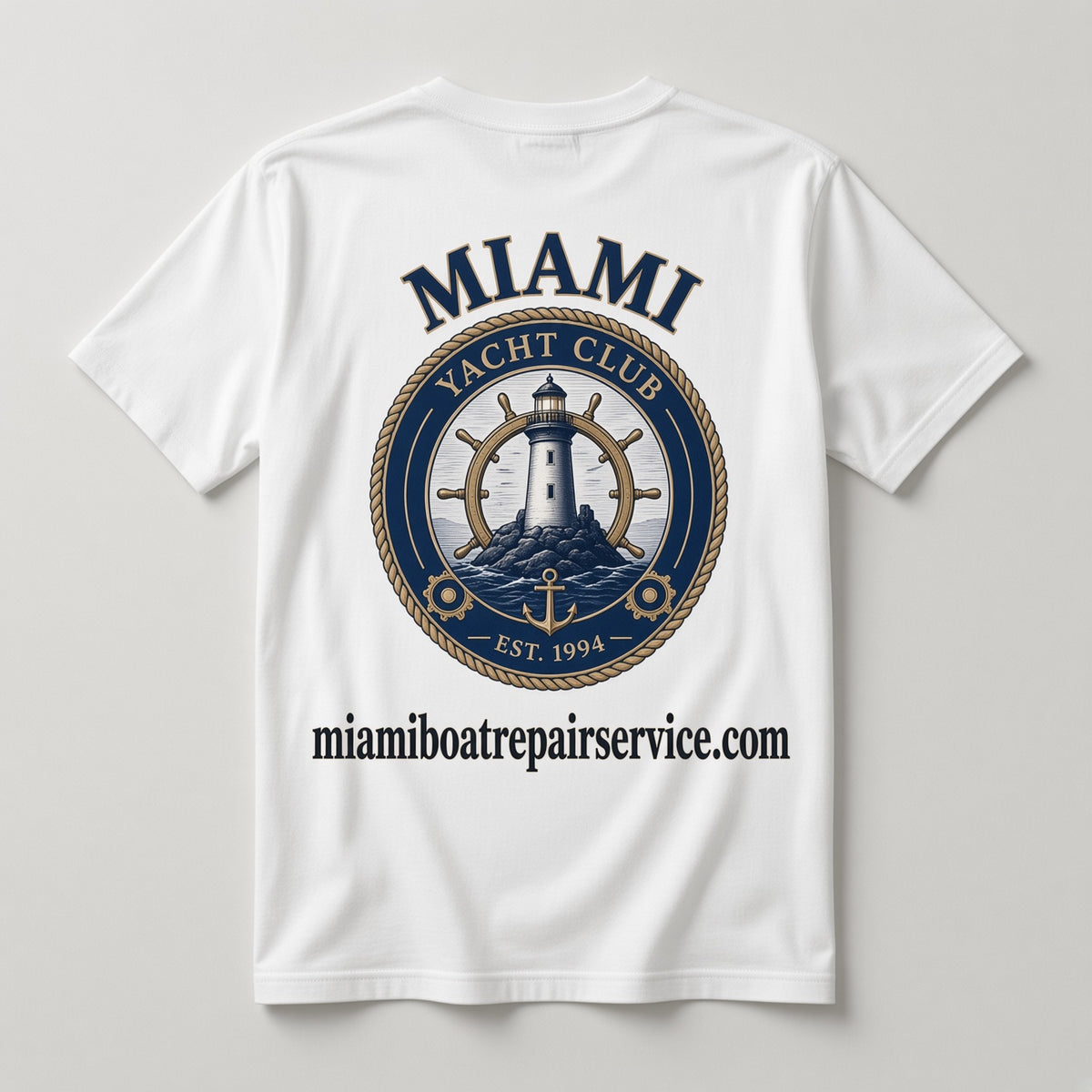 Miami Yacht Club Est. 1994 T-Shirt back graphic with miamiboatrepairservice.com