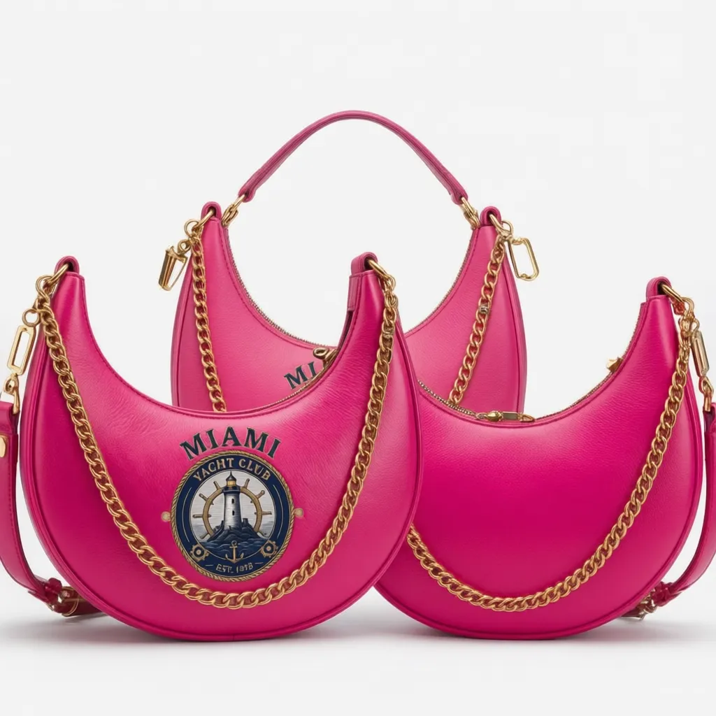 Silver Crescent Shoulder Bag – Nautical Metallic Chain Bag — Pink