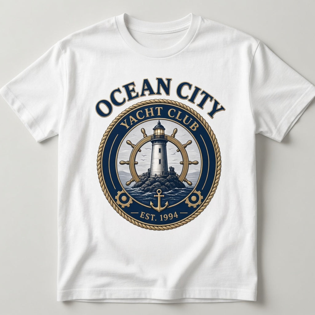 Ocean City Yacht Club Est. 1994 T-Shirt front graphic with lighthouse and ship's wheel emblem