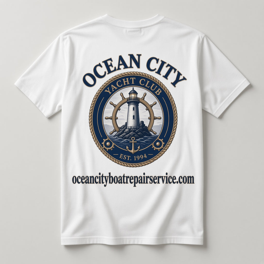 Ocean City Yacht Club white t-shirt back with large lighthouse ship's wheel graphic and Est. 1994