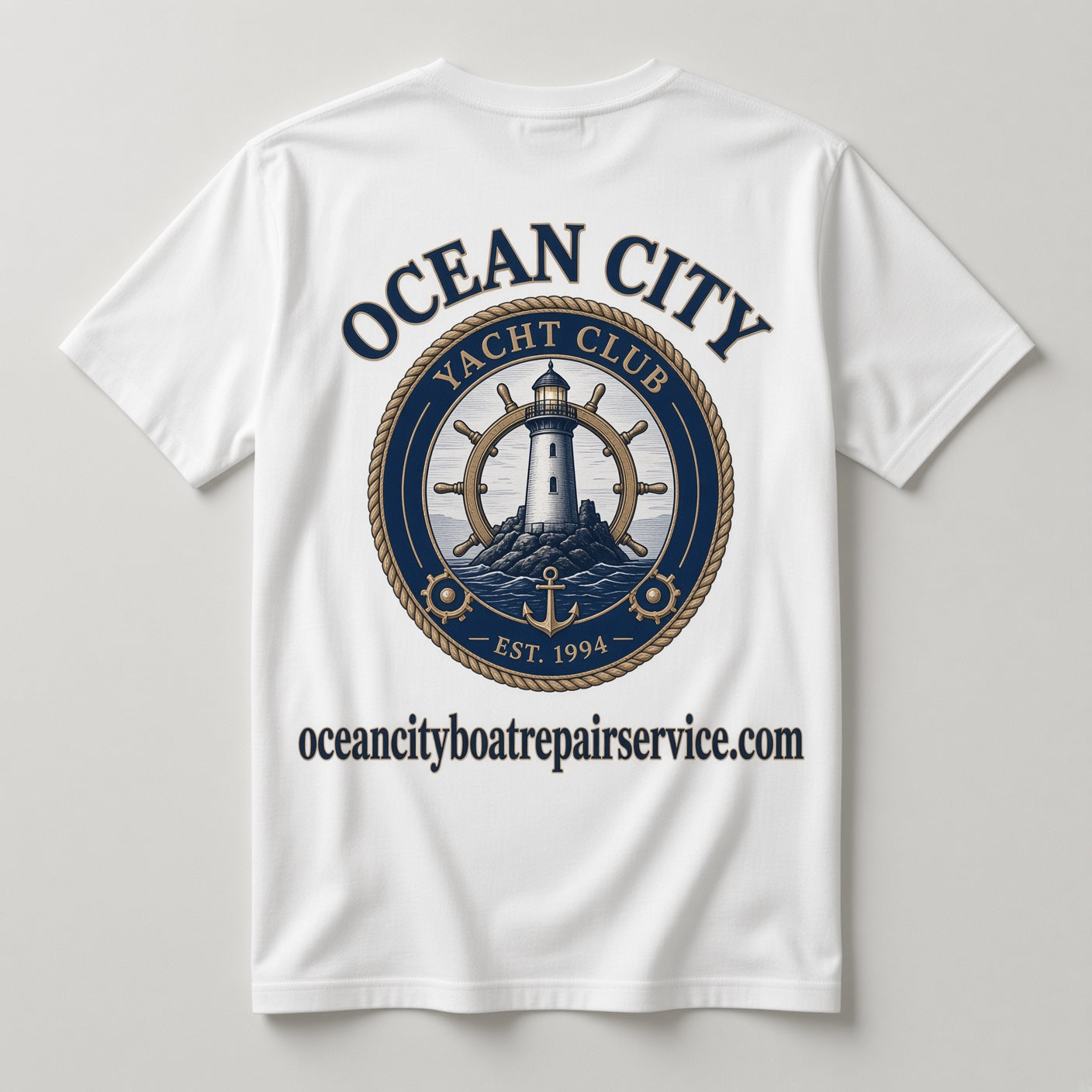 Ocean City Yacht Club white t-shirt back with large lighthouse ship's wheel graphic and Est. 1994