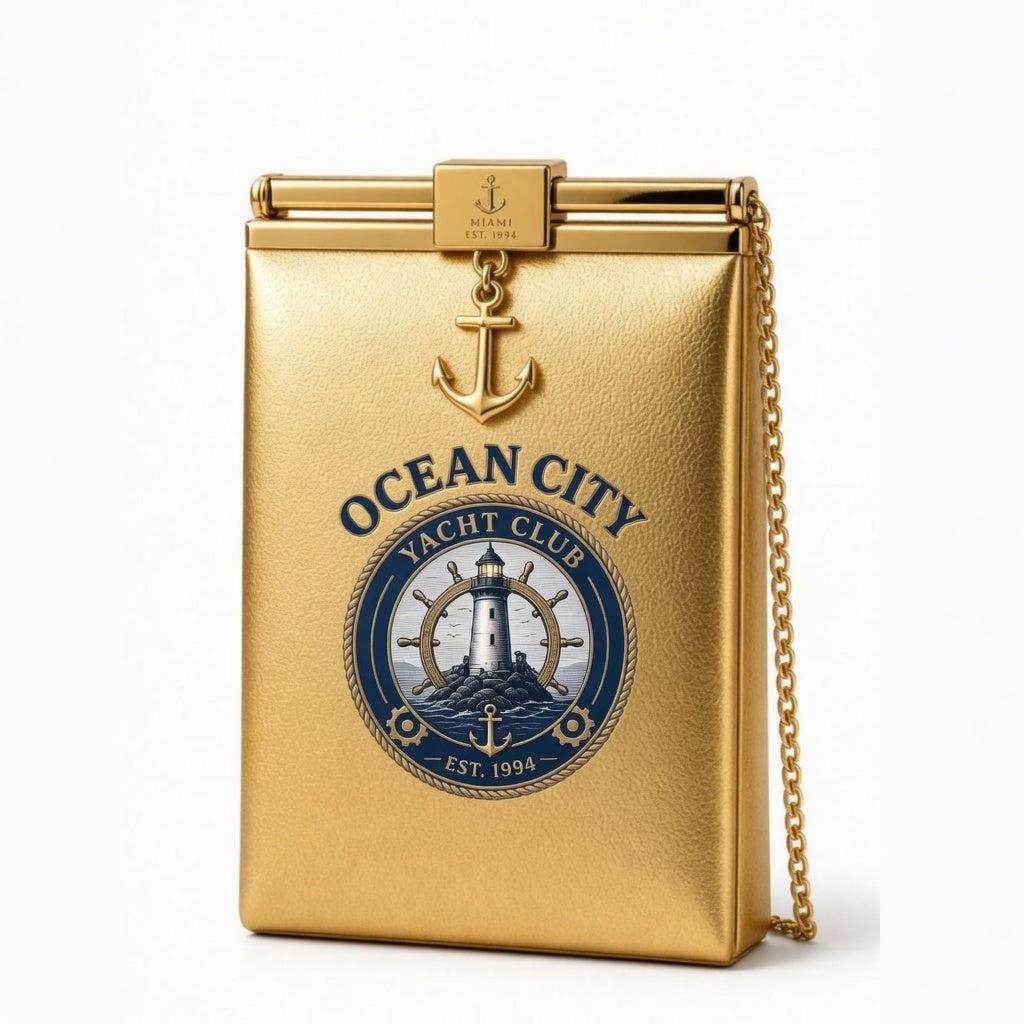 Ocean City Yacht Club gold metallic clutch bag with anchor charm and chain strap