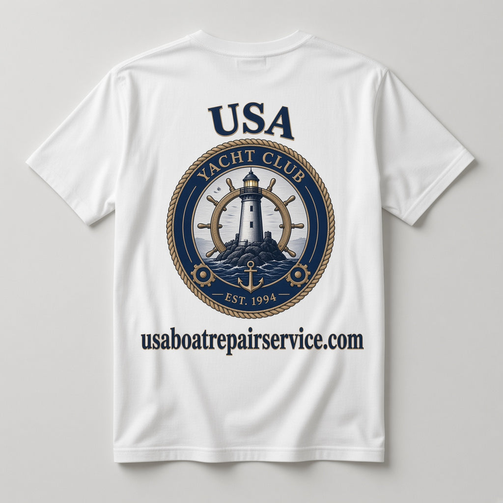 USA Yacht Club white t-shirt back with bold USA lighthouse ship's wheel graphic and usaboatrepairservice.com