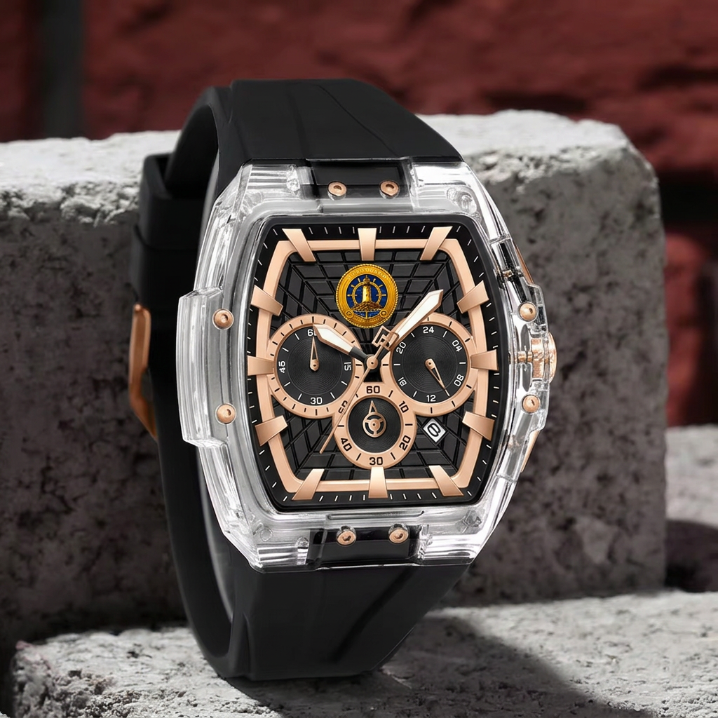 Yacht Club Men's Transparent Chronograph Watch – Rose Gold & Black